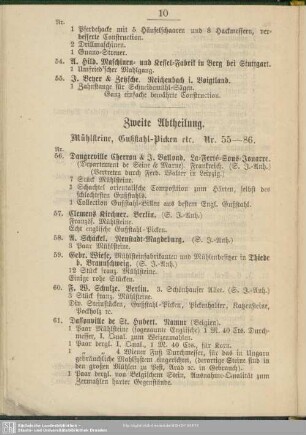 Zweite Abtheilung. Mühlsteine, Gußstahl-Picken etc. Nr. 55-86