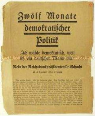 Flugschrift mit einer Rede von Hjalmar Schacht am 4. November 1924 in Dessau und Aufruf zur Reichstagswahl am 7. Dezember 1924