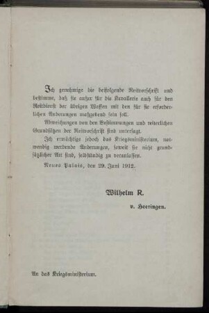 [Genehmigung der beifolgenden Reitvorschrift]
