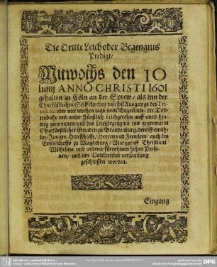 Die Dritte Leich oder Begengnis Predigt, Mitwochs den 10 Iunii Anno Christi 1601