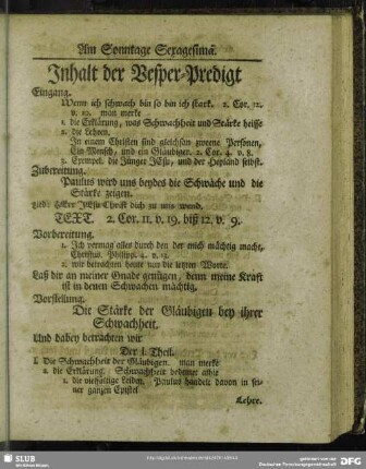 Inhalt der Vesper-Predigt [Am Sontage Sexagesimä]