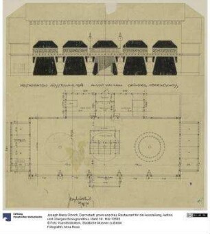 Darmstadt, provisorisches Restaurant für die Ausstellung, Aufriss und Obergeschossgrundriss