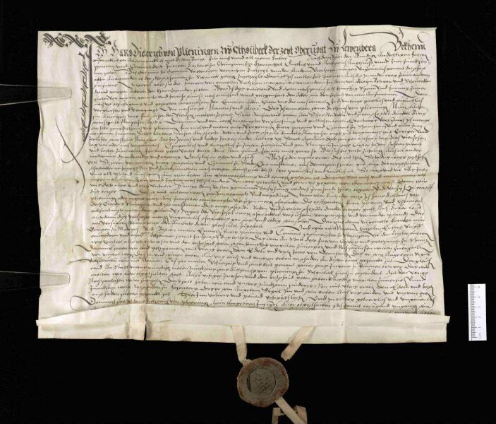 Landhofmeister Hans Dietrich von Plieningen und das Kloster Steinheim vergleichen sich wegen des Zehnten aus 14 Morgen Acker zu Kleinbottwar.