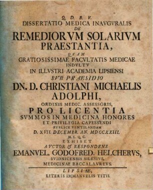 Dissertatio Medica Inavgvralis De Remediorvm Solarivm Praestantia