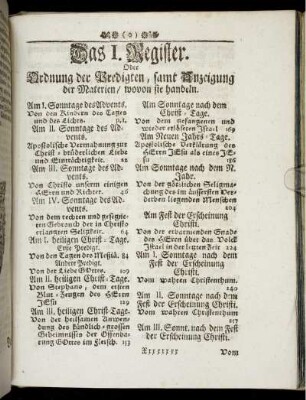 Das I. Register. Ordnung der Predigten, samt Anzeigung der Materien, wovon sie handeln.