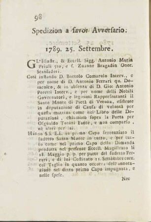 Spedizion a favor Avversatio. 1789. 25. Settembre.