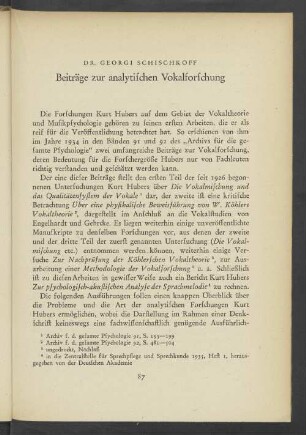 Beiträge zur analytischen Vokalforschung