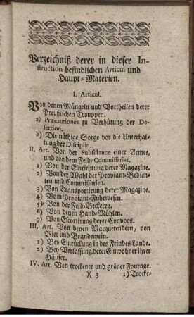 Verzeichniß derer in dieser Instruction befindlichen Articul und Haupt-Materien.