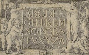Tafel mit Alphabet von Putten gehalten