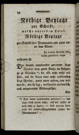Nötigige Beylage zur Schrift, welche unter dem Titel: Nöthige Beylage zur Schrift über Freymaurer, und zwar unter dem Motto: hic murus aheneus esto, nulla pallescere culpa erschienen ist.