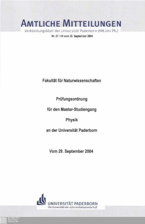 Prüfungsordnung für den Master-Studiengang Physik an der Universität Paderborn : vom 29. September 2004