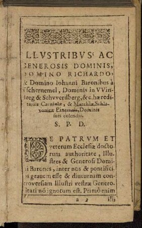 Illustribus Ac Generosis Dominis, Domino Richardo, & Domino Iohanni Baronibus à Tschernemel [...]