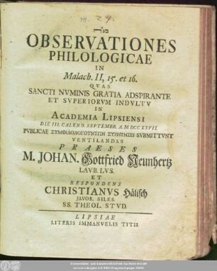 Observationes Philologicae in Malach. II, 15. et 16.