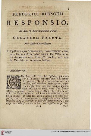 Frederici Ruyschii responsio, ad nob. & exercitatissimum virum Gerardum Frentz […]