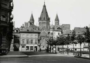 Mainz, Mainzer Dom : Mainz. Fischtorplatz. Blick nach Westen gegen den Dom St. Martin