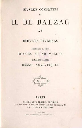 Ouevres complètes de H. de Balzac, 20. Oeuvres diverses ; 1. partie, Contes et nouvelles