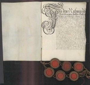 Ehevertrag zwischen dem Ratsherren Erhard Schad von Mittelbiberach [Lkr. Biberach], Sohn des Ulmer Altbürgermeisters Christoph Erhard Schad von Mittelbiberach, und Juliana Benigna geborene Baldinger, Tochter des Ulmer Altbürgermeisters Johann Ulrich Baldinger.