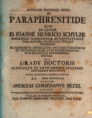 Dissertatio Inavgvralis Medica De Paraphrenitide
