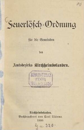 Feuerlösch-Ordnung für die Gemeinden des Amtsbezirks Kirchheimbolanden