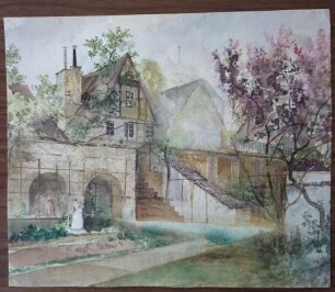 Aquarell: Garten vor Fachwerkkulisse