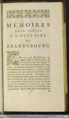 Mémoires Pour Servier A L'Histoire De Brandebourg