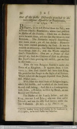 Out of the public Discourses preached to divers religious Assemblies in Pensylvania, in 1742