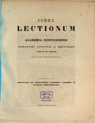 Index lectionum in Academia Rostochiensi ... publice privatimque habendarum, SS 1844
