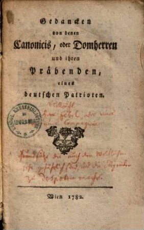 Gedancken von denen Canonicis, oder Domherren und ihren Präbenden
