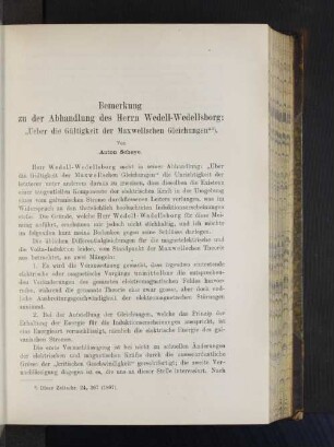 Bemerkung zu der Abhandlung des Herrn Wedell-Wedellsborg: "Ueber die Gültigkeit der Maxwellschen Gleichungen"