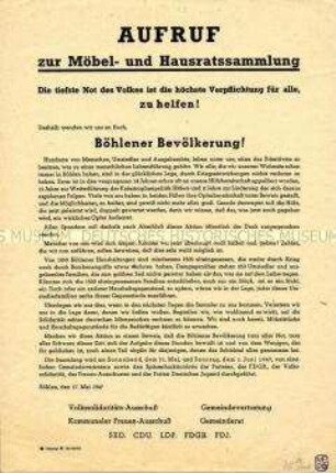 Aufruf an die Bevölkerung von Böhlen zur Möbel- und Hausratsammlung für Umsiedler und Ausgebombte