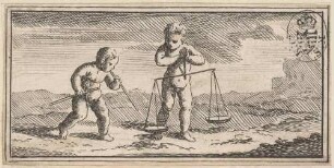 Vignette mit zwei Putti beim Experimentieren mit Waage, Zirkel und Lineal, zu: Andrea Piovani: Demonstrationes geometricae in trisectionem anguli plani [...], Rom 1728