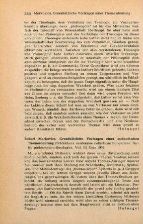 346 [Rezension] Markovics, Robert, Grundsaetzliche Vorfragen einer methodischen Thomasdeutung