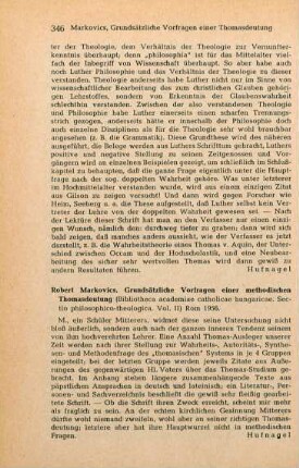 346 [Rezension] Markovics, Robert, Grundsaetzliche Vorfragen einer methodischen Thomasdeutung