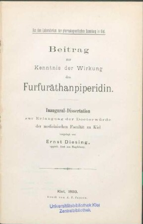 Beitrag zu Kenntnis der Wirkung des Furfuräthanpiperidin