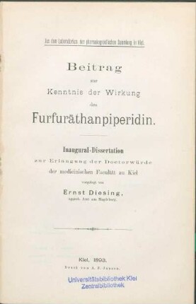 Beitrag zu Kenntnis der Wirkung des Furfuräthanpiperidin