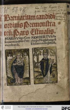 Breviarium candidi ordinis Premonstratensium : pars estivalis. [Mit Kalendarium] : [Enth.: Proprium de tempore : pars hiemalis...]