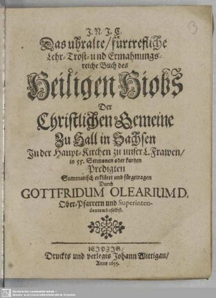 Das uhralte, fürtrefliche Lehr- Trost- und Ermahnungsreiche Buch des Heiligen Hiobs