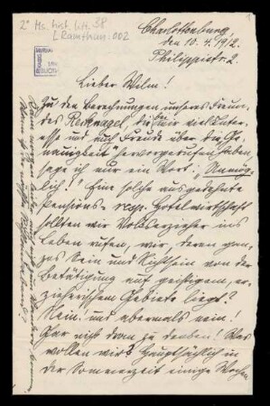 Brief von Reinhold Ramthun an Wilhelm Schwaner