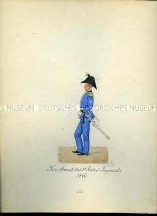 Uniformdarstellung, Kurschmied des 3. Reiter-Regiments, 1860. Aus: Sammelmappe "Sachsens Militär", Königliche Arsenalsammlung.