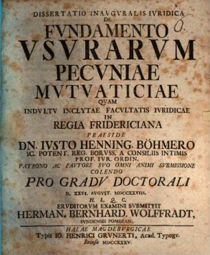 Diss. inaug. iur. de fundamento usurarum pecuniae mutuaticiae