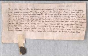 Ritter Johann von Bloemenstein: auf Aufforderung des Grafen Johann von Kleve in Fehdezeiten nach Huissen zu kommen. Ghegheven 1365 op sunte Victors dach. Siegel abhängend, neu befestigt, Rest.