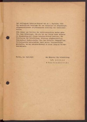 Der vorliegende Lehrplan-Entwurf ist ab 1. September 1959 ....