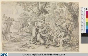 Ein nackter Knabe (Bacchus?) wird von Nymphen in einer Schale gebadet