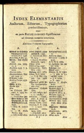 Index elementarius Auctorum, Editorum, Typographorum praestantissimorum, atque ex parte Rerum memoratu dignissimarum ad librorum numeros adornatus.