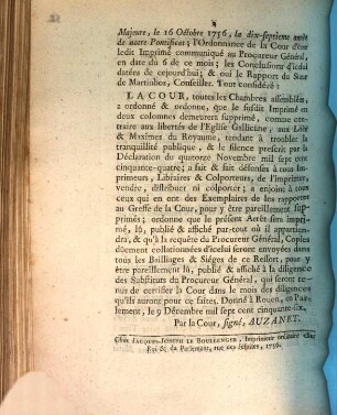 Arrest de la cour du Parlement de Rouen, qui ordonne que l'imprimé ... qui porte pour titre: Benedictus Papa XIV. ... demeurera supprimé ...