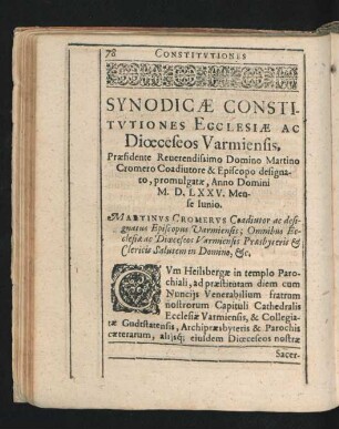 Synodicae Constitutiones Ecclesiae Ac dioeceseos Varmiensis ... Anno Domini M. D. LXXV. Mense Iunio.
