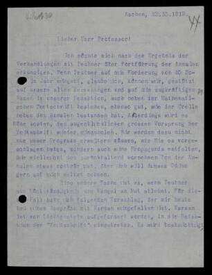 Nr. 44: Brief von Otto Blumenthal an David Hilbert, Aachen, 23.10.1919
