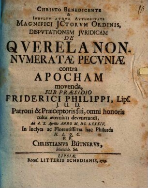 Disp. iur. de querela non-numeratae pecuniae contra apocham movenda