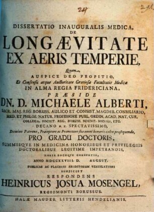 Dissertatio Inauguralis Medica, De Longaevitate Ex Aeris Temperie