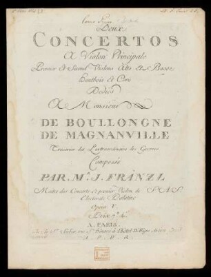 Deux concertos à violon principale, premier et second violons, alto et basse, hautbois et cors. Corno primo & secondo : opera V